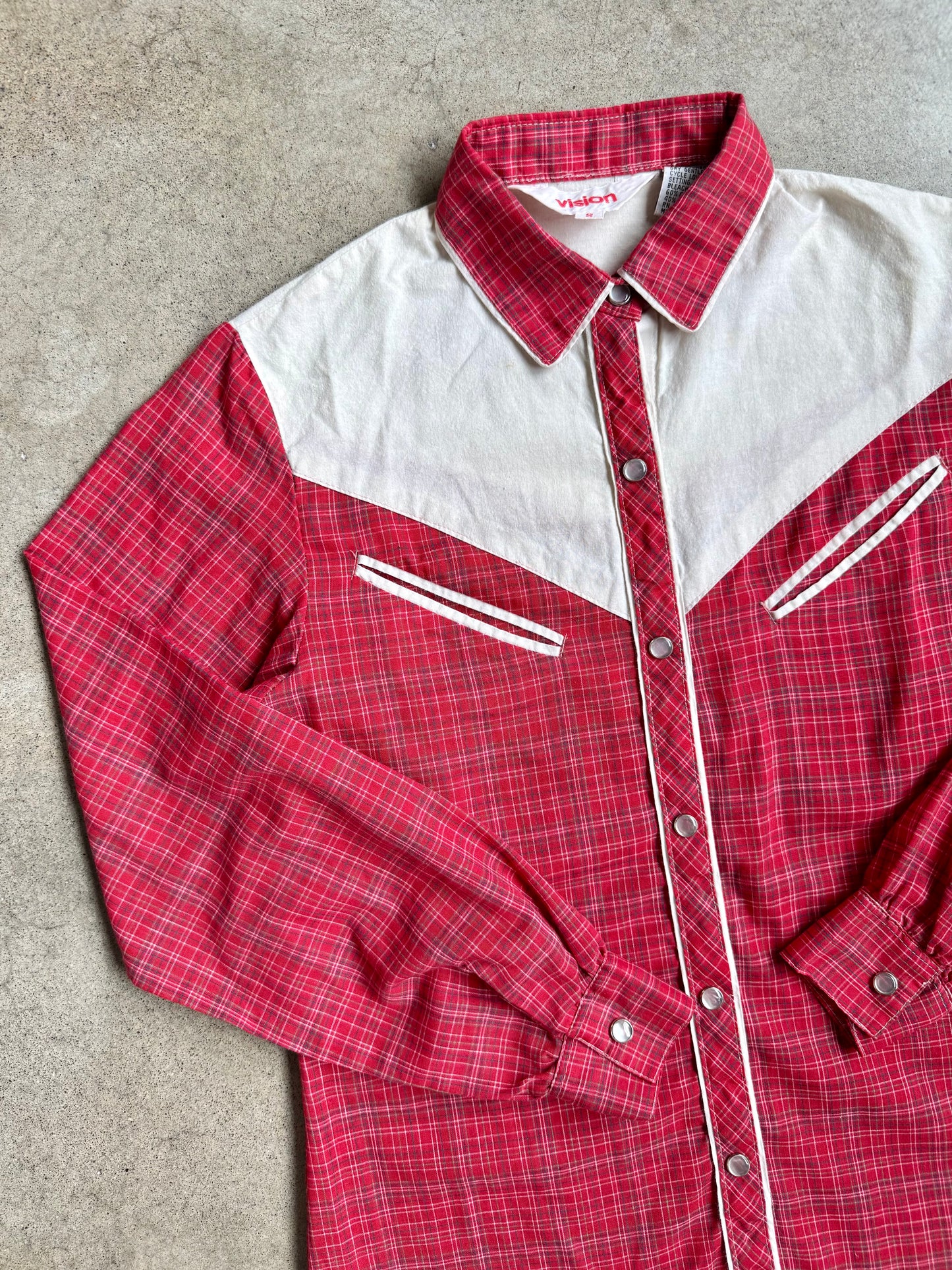 Vintage 1970s Vision Cream & Red Plaid Western Pearl Snap Shirt | Small