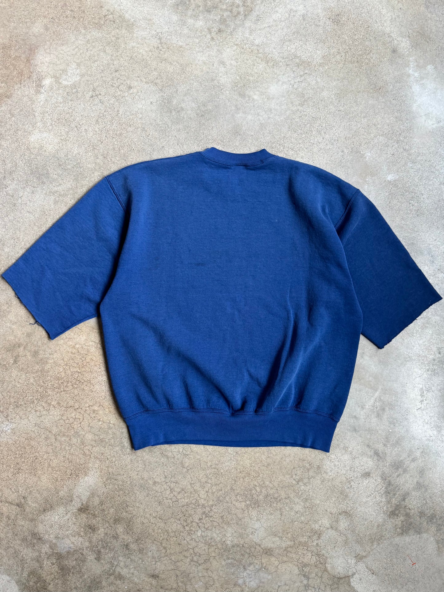 Vintage 1980s Navy Blue Paint Splattered Cut-Off Sleeve Crewneck Sweatshirt | XL
