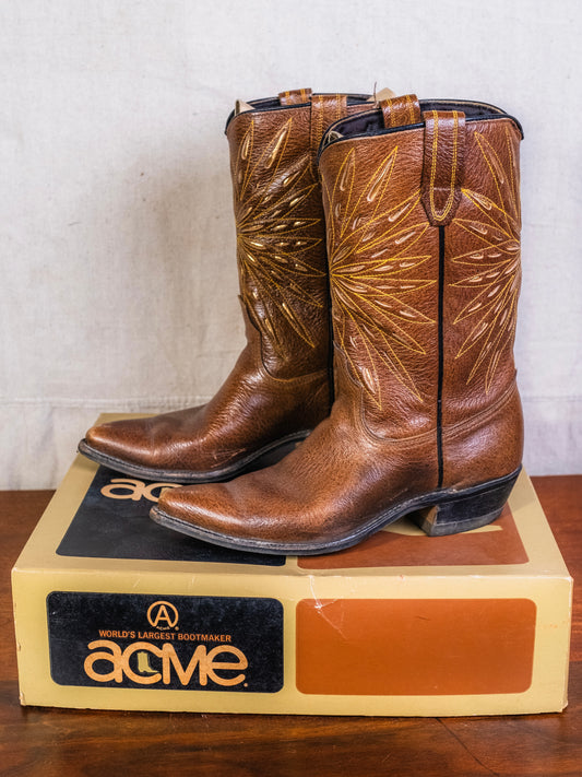 Vintage 1960s ACME Sunburst Brown Leather Cowboy Boots | Women’s 6