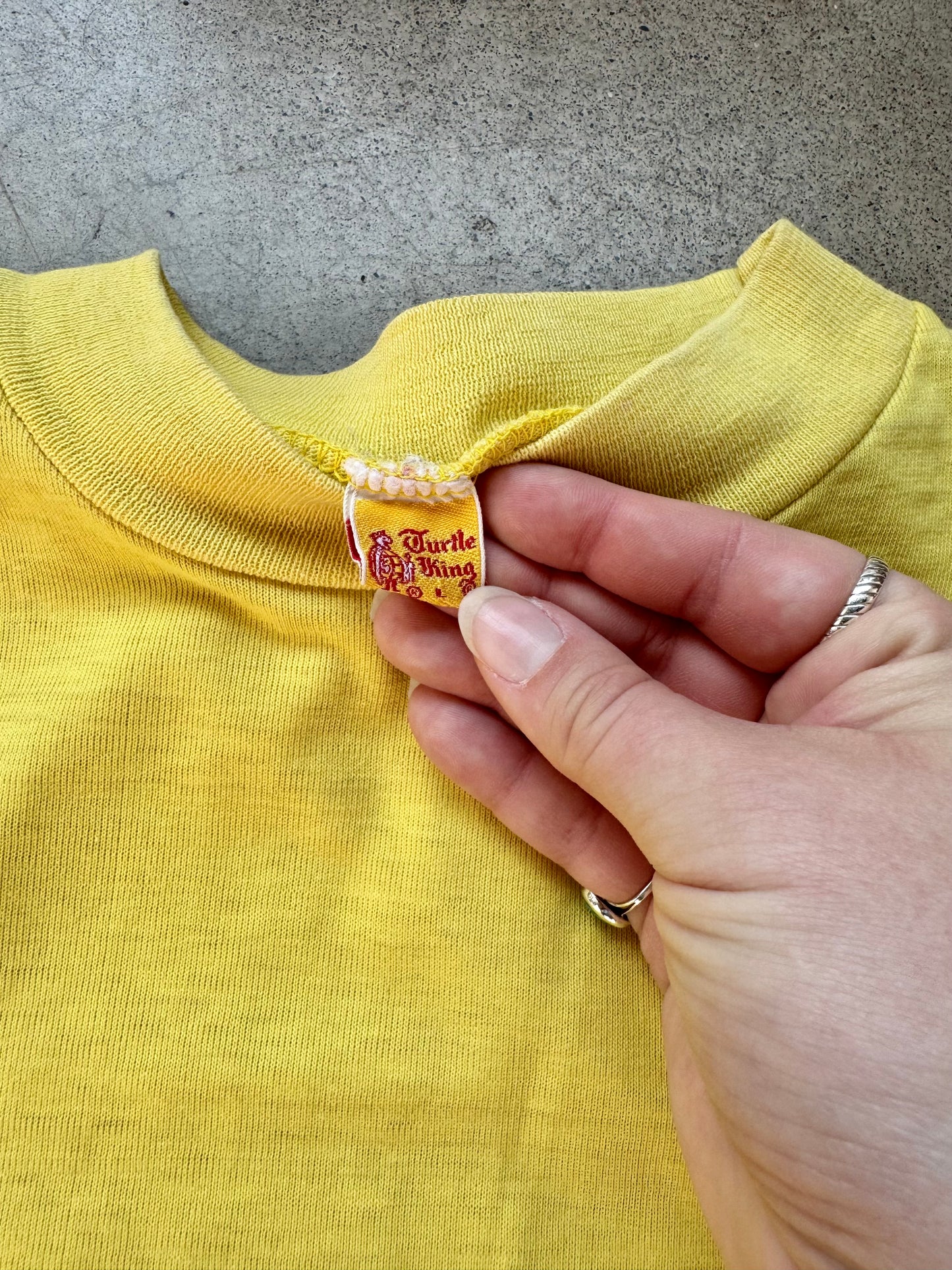 Vintage 1960s Turtle King Yellow “Coach Mike” Embroidered Tee | Large