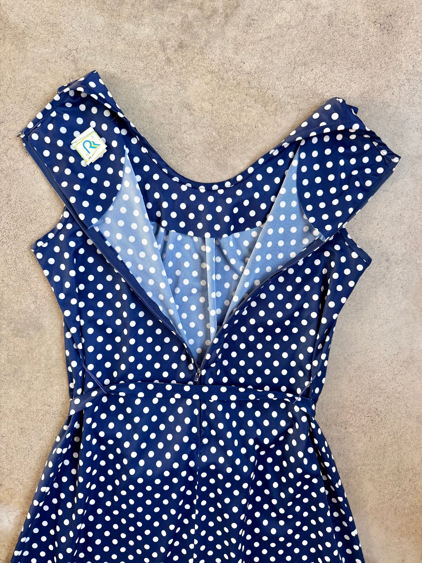 Vintage 1970s Three R’s Navy & White Polka Dot Tie-Waist Dress | Large