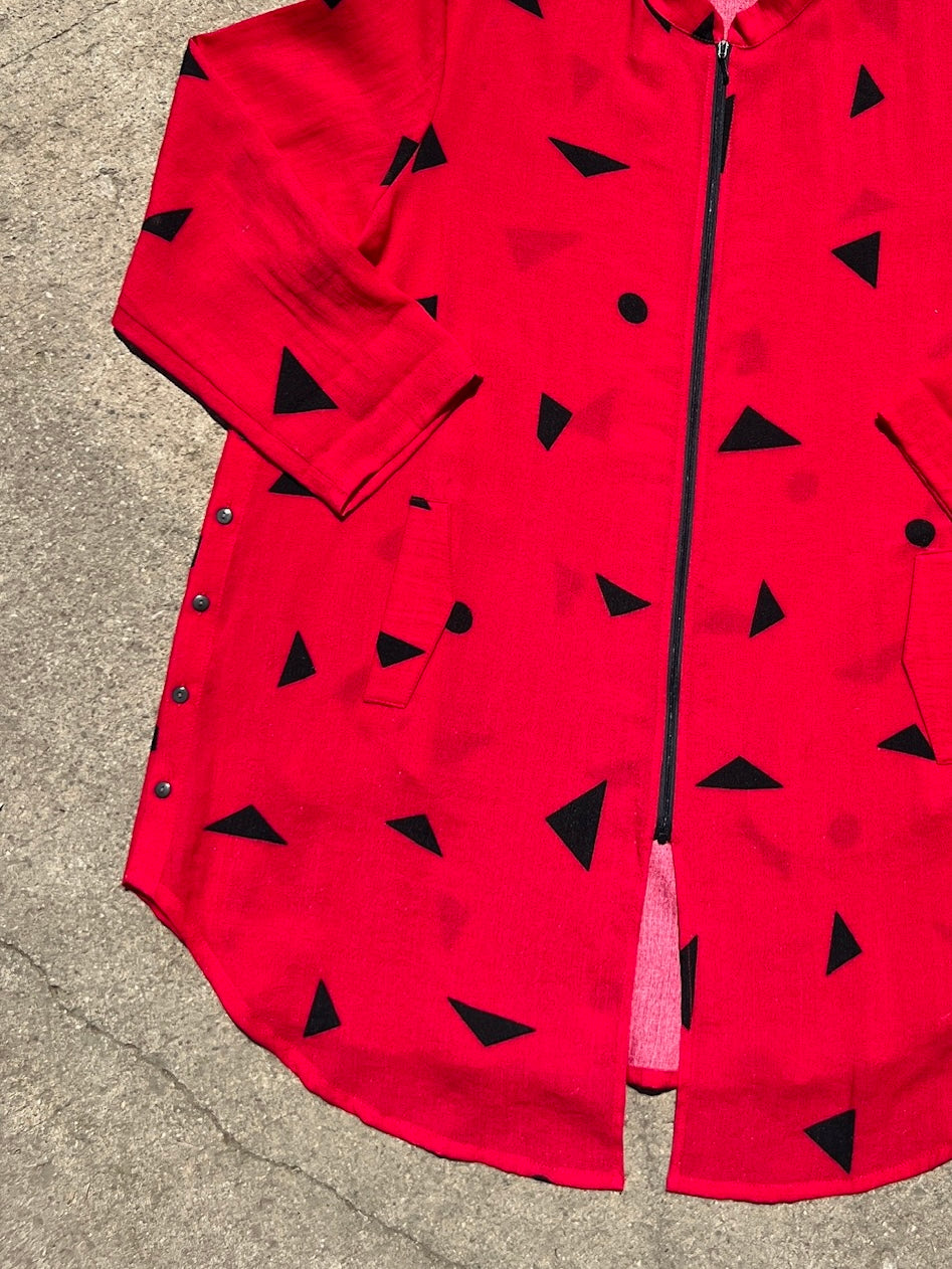 Fridaze Red Geometric Pattern Zip-Up Linen Jacket | L/XL