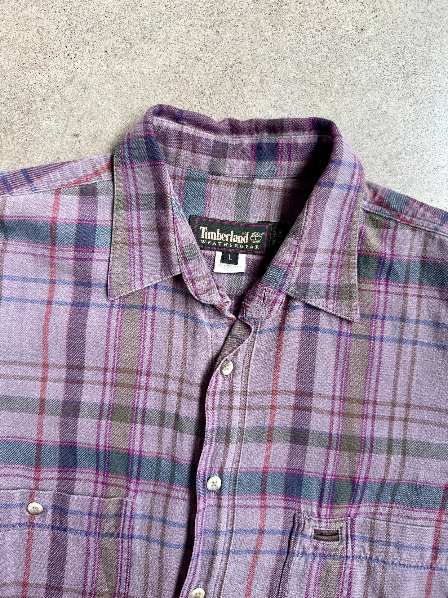 Vintage 1990s Timberland Purple Plaid 100% Cotton Button-Up Shirt | Large