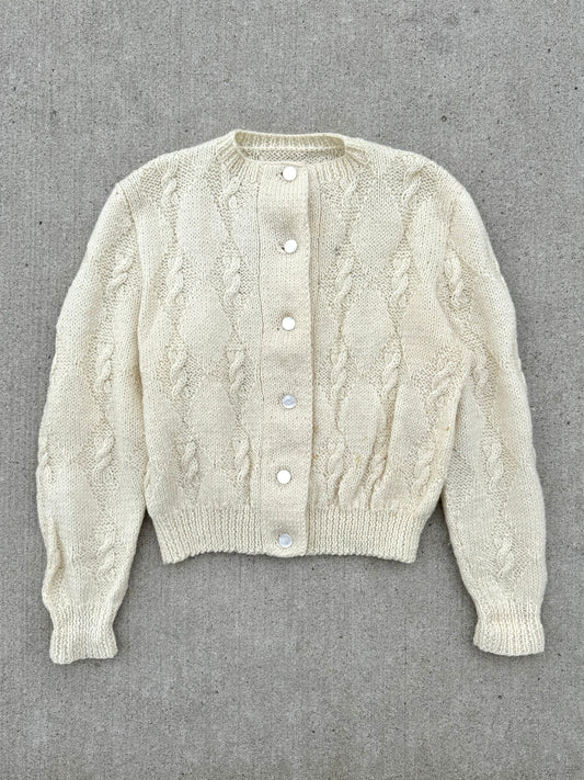 Vintage Cream Buttoned Cable-Knit Cropped Cardigan | Large