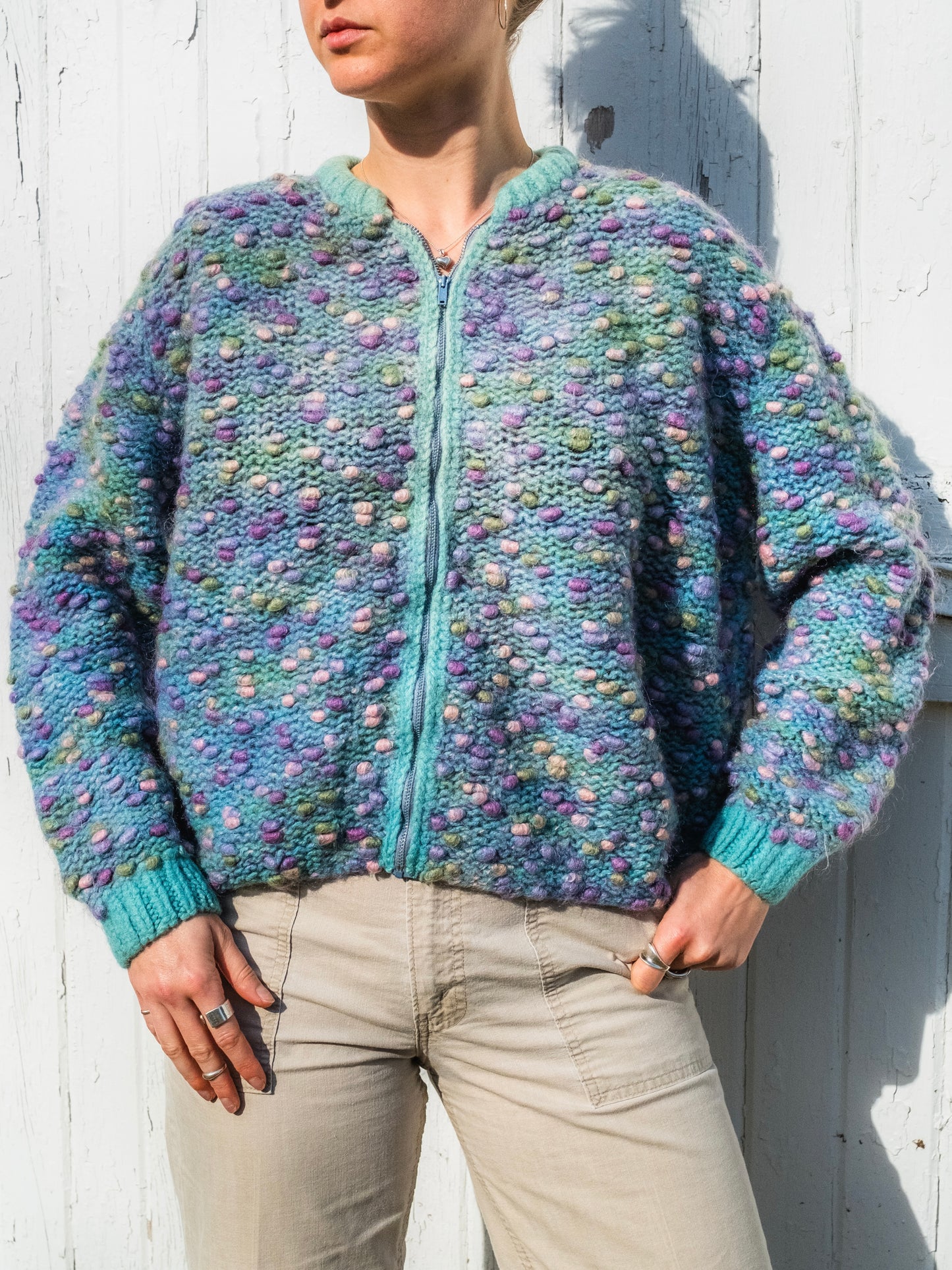 Vintage 1980s Handmade Multi-Color Bobble Knit Zip-Up Sweater | L/XL
