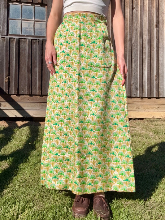 Vintage 1960s Boutique Valentino Green & Gold Floral Silk Maxi Skirt | Waist 26”