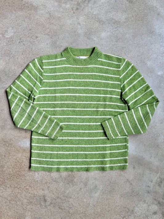 Vintage 1960s Kenwyn Green & White Striped High-Neck Sweater | Medium