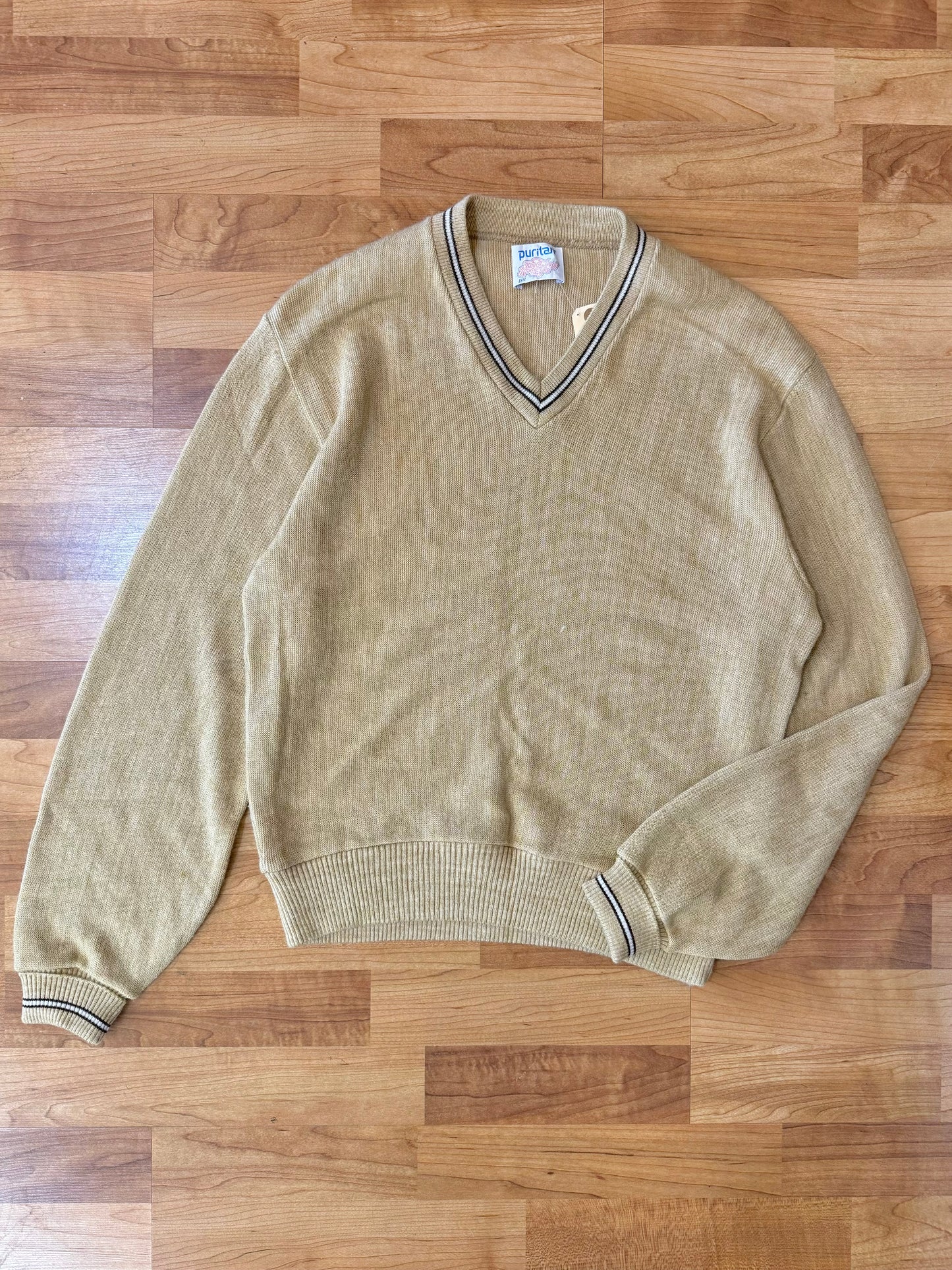 Vintage Puritan Tan V-Neck Acrylic Knit Sweater | Medium