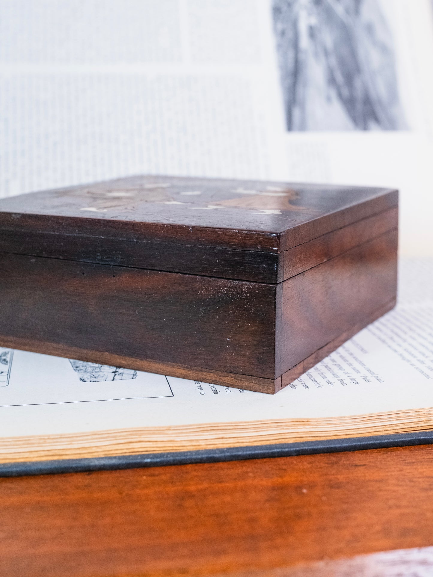 Vintage 1950s Rosewood Persian-Style Bone Inlay Folk Art Box