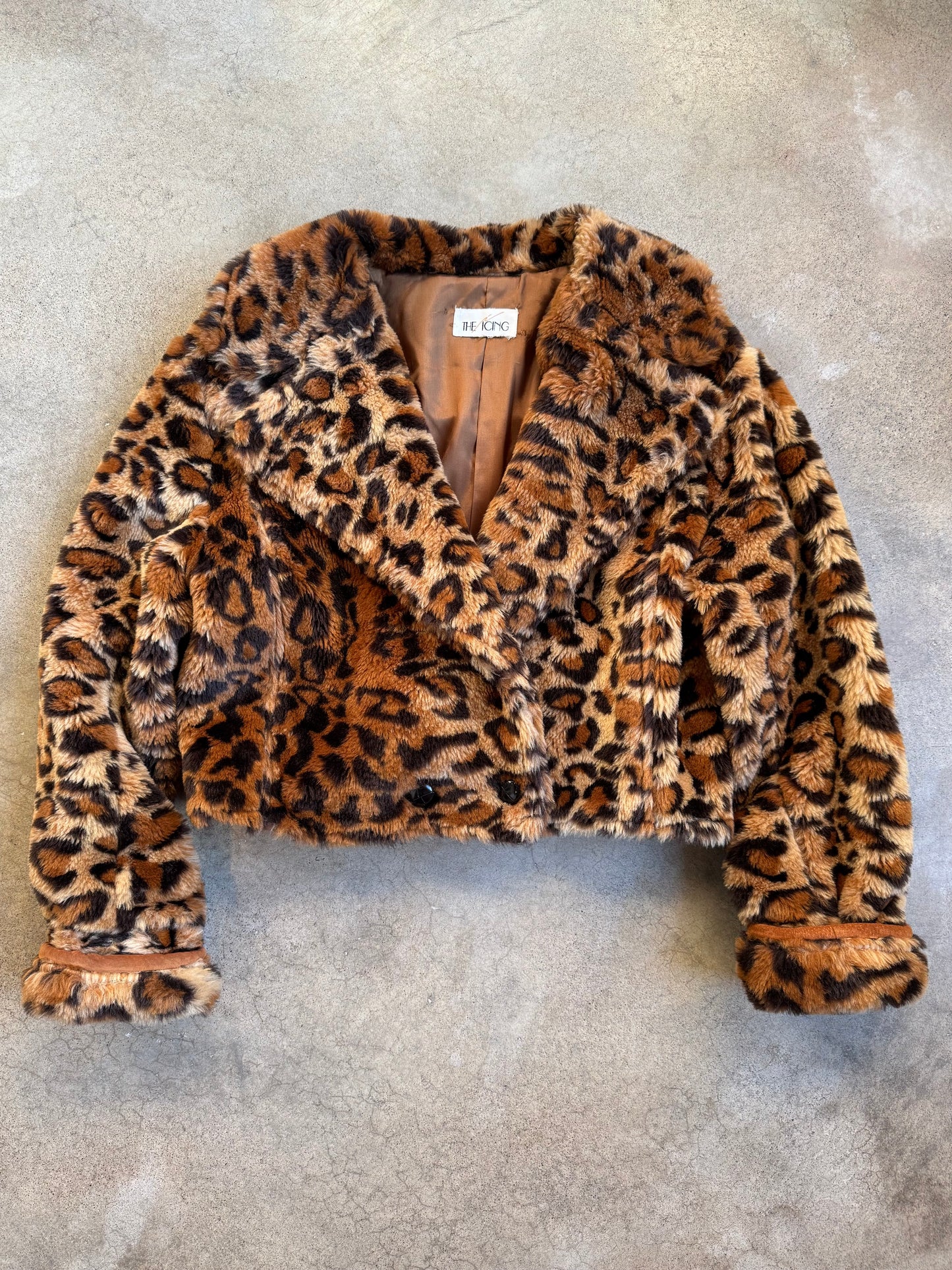 Vintage 1980s The Icing Leopard Print Faux Fur Cropped Jacket | Medium