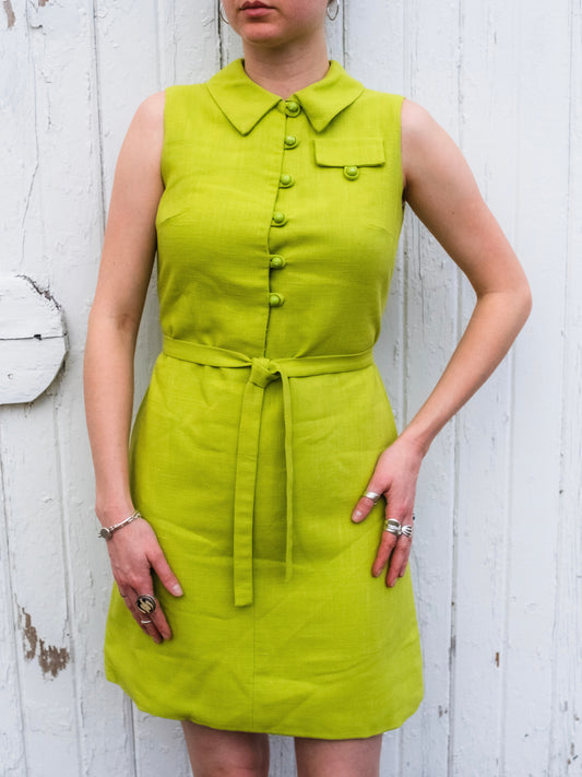 Vintage 1960s John Meyer of Norwich Lime Green Belted Shift Dress | XS/S