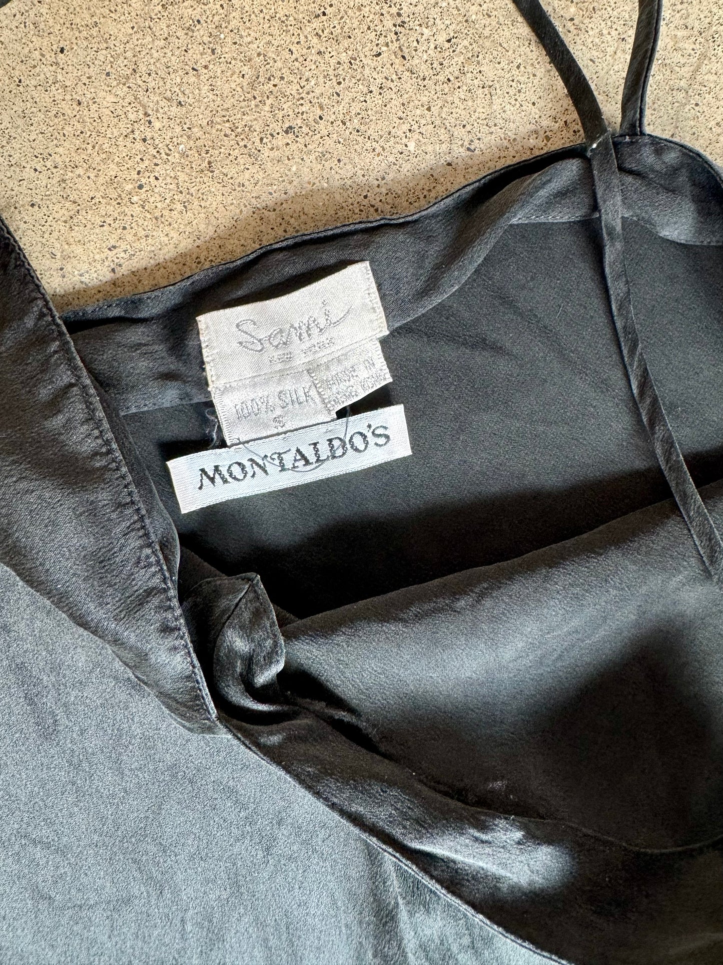 Vintage 1980s Sami New York for Montaldo’s 100% Silk Black Slip Dress | Small