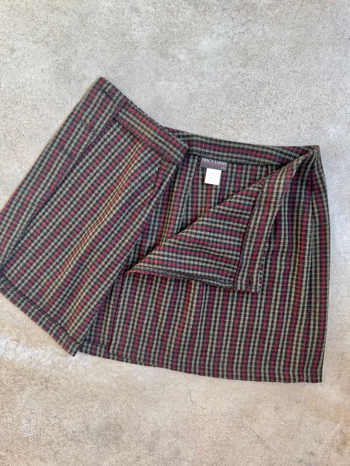 Vintage 1990s Tracy Evans Plaid Wool-Blend Mini Wrap Skirt | Waist 25”