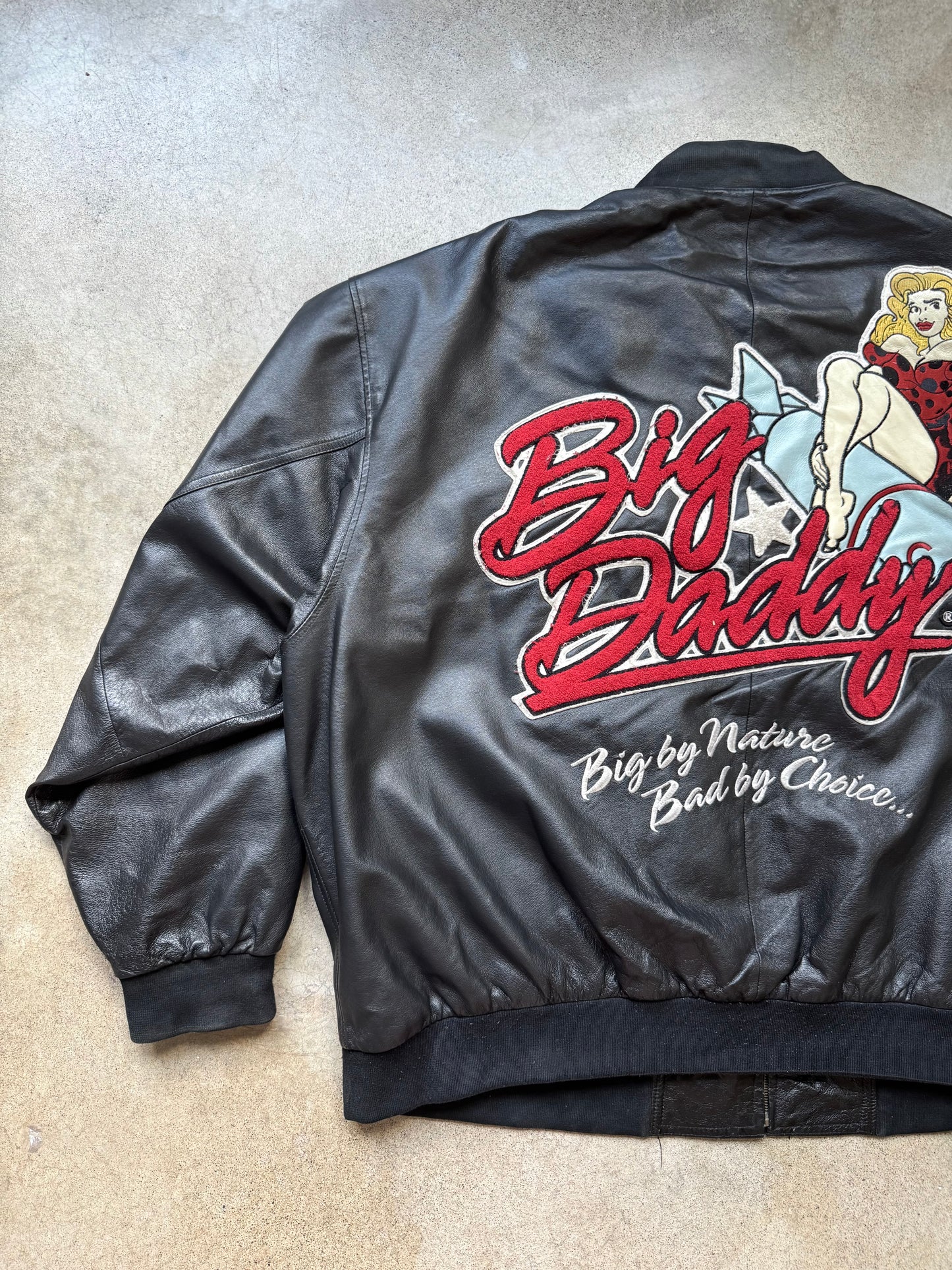 Vintage Big Daddy Embroidered Black Leather Bomber Jacket | 5XL