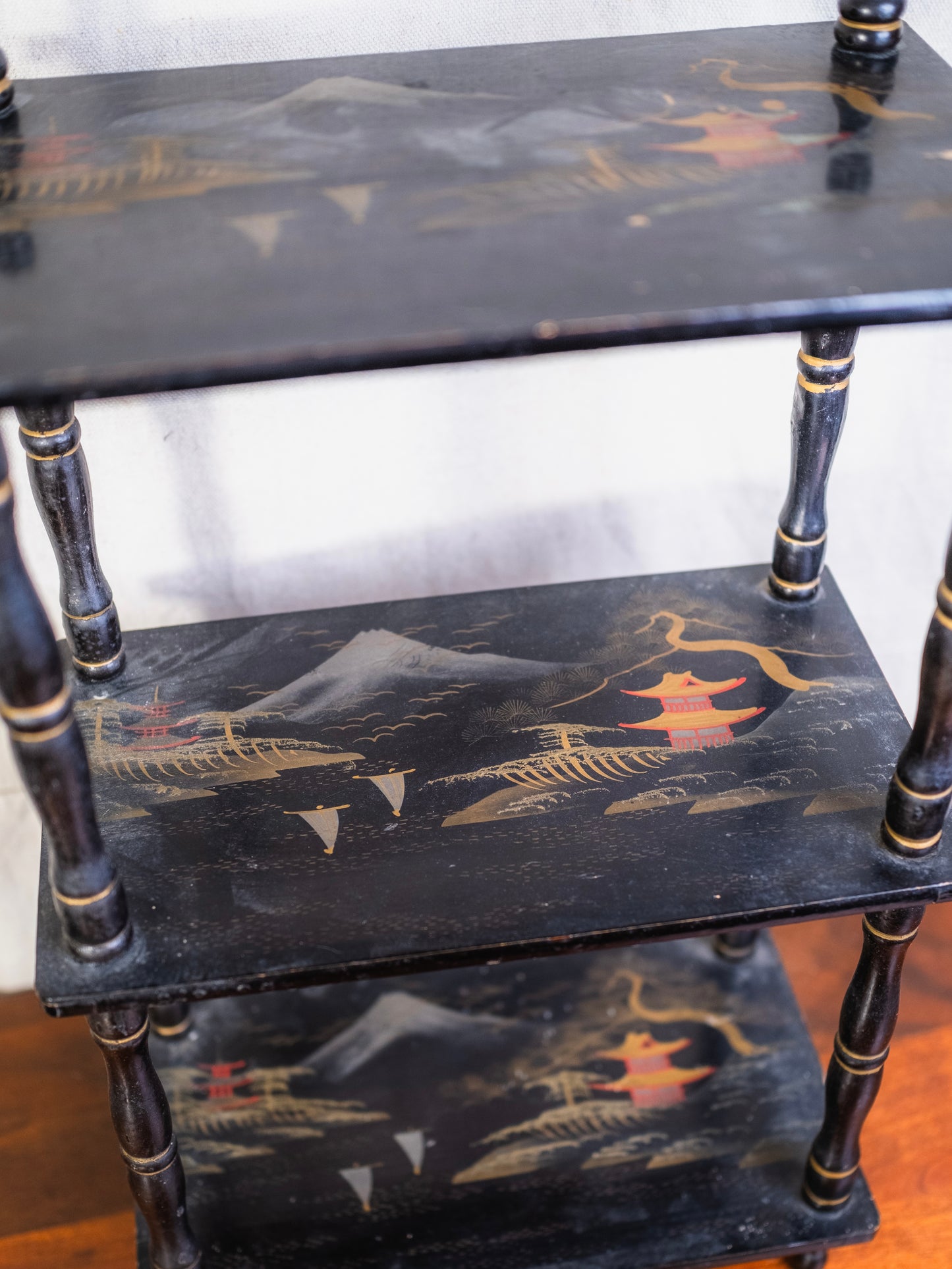 Vintage 1940s/50s Japanese Lacquered 3-Tier Etageré Shelf