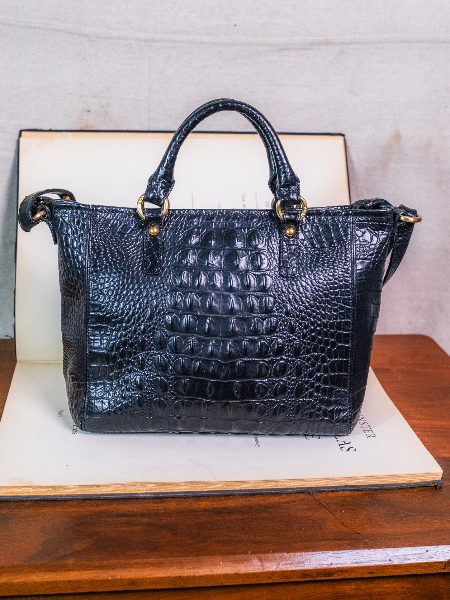 Brahmin Mini Arno Tote Black Croc Embossed Leather Bag