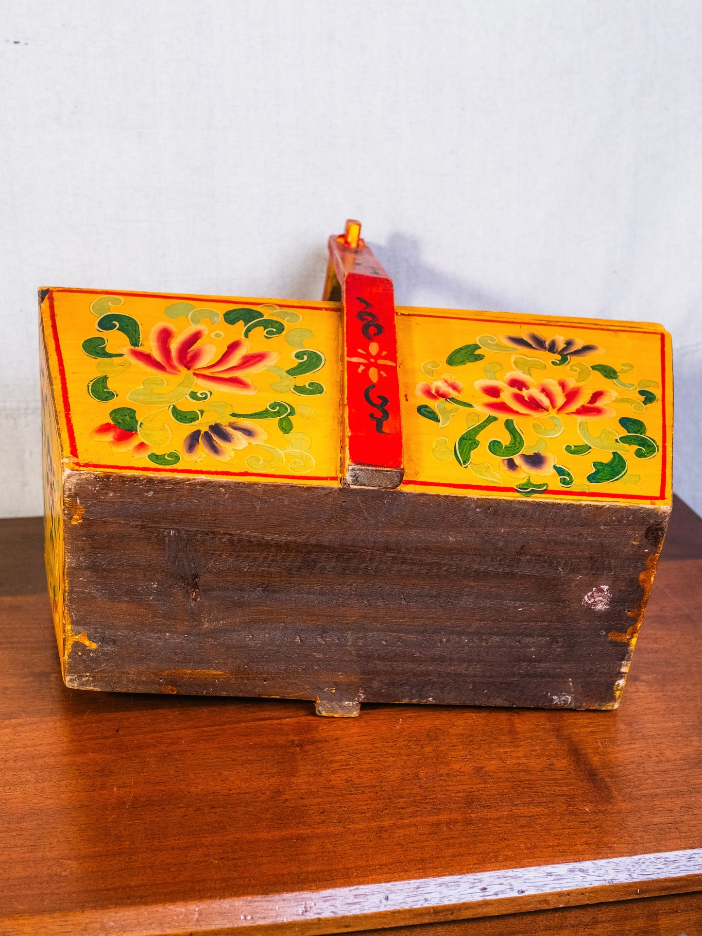 Antique Chinese Wood Red & Yellow Floral Painted Wedding Basket