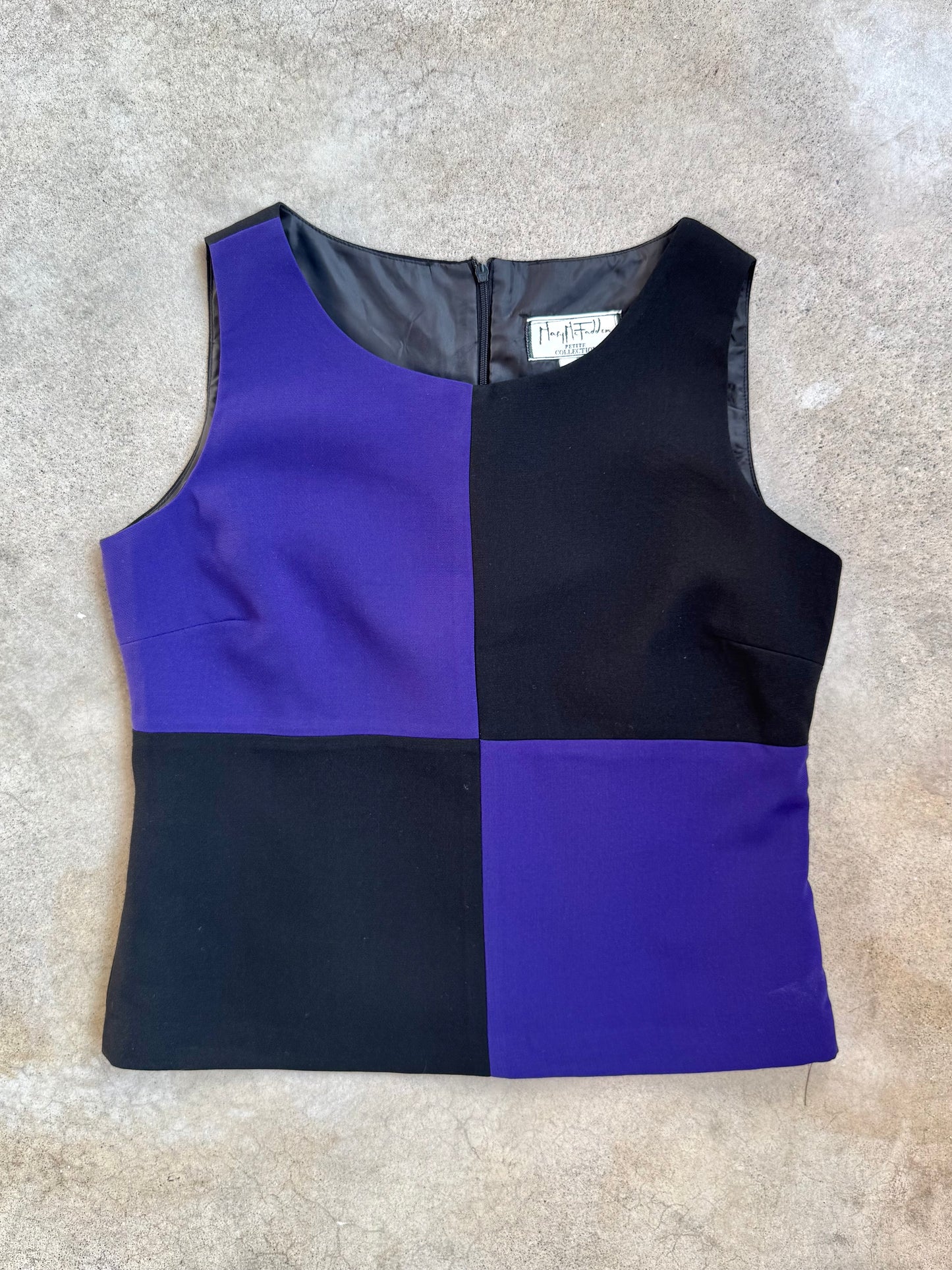 Vintage 1990s Mary McFadden Black & Purple Color Block Tank Top | Medium