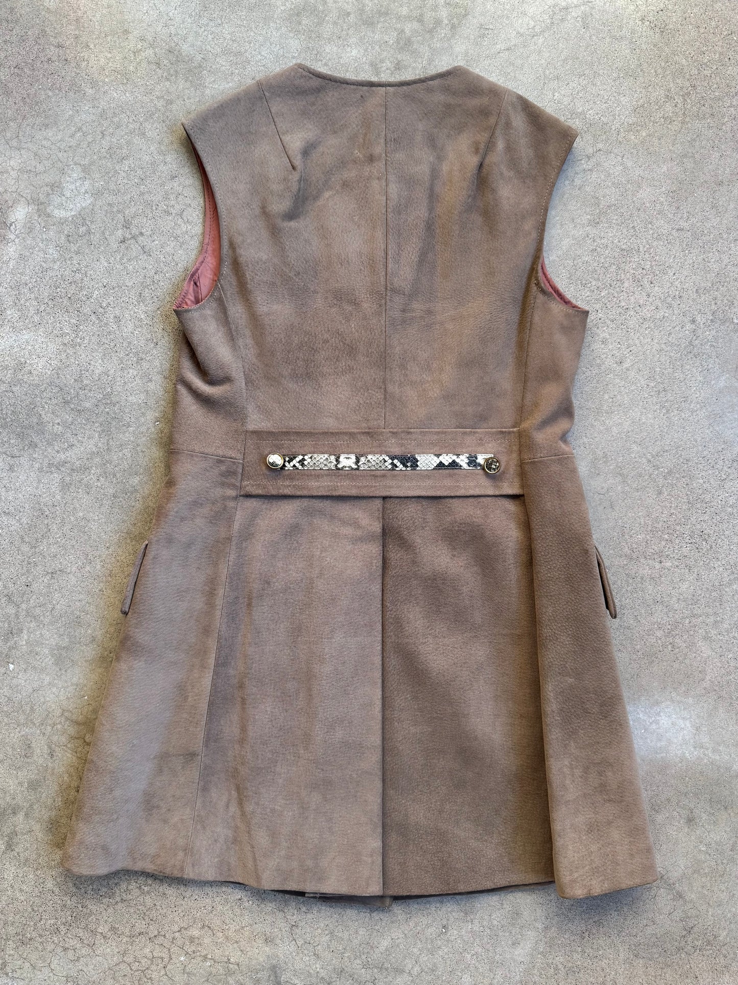 Vintage 1960s Suede Button-Front Mini Dress w/ Faux Snakeskin Trim | S/M