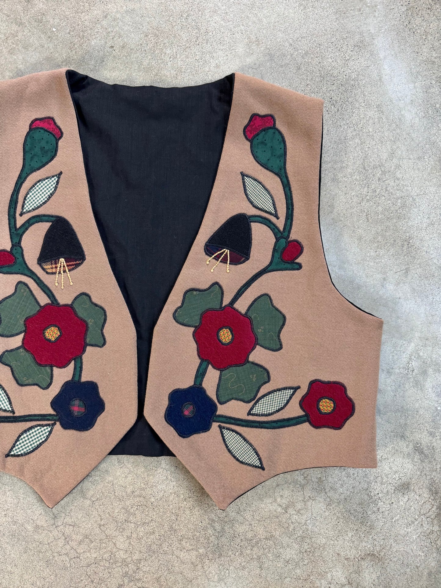 Vintage 1980s Handmade Brown Floral Patched Vest | XL