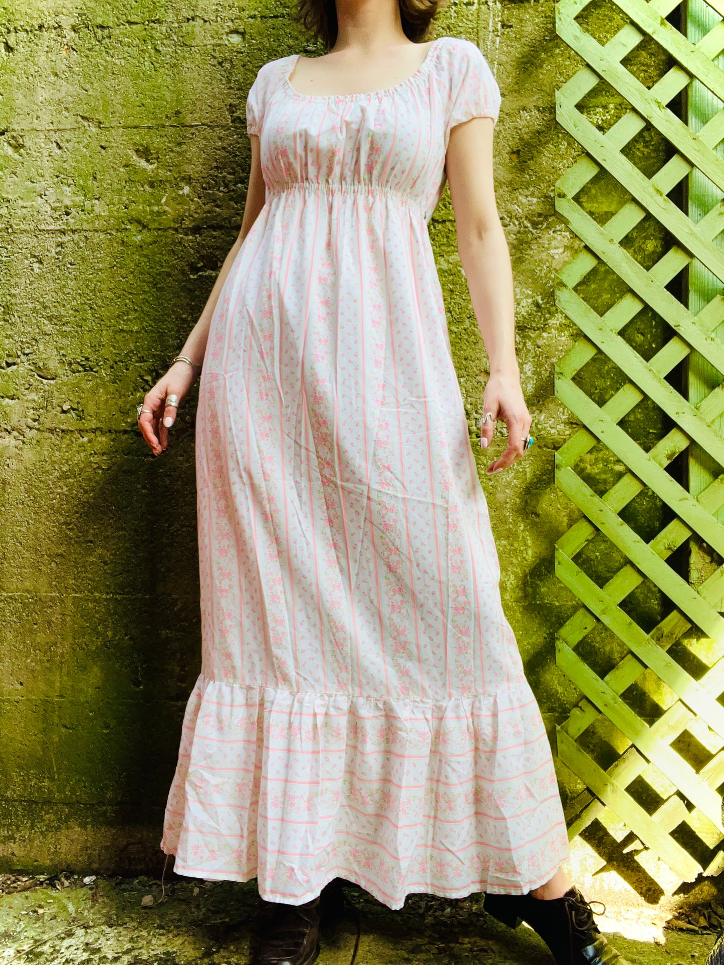 Vintage 1970s Handmade Pink & White Ditsy Floral Maxi Dress