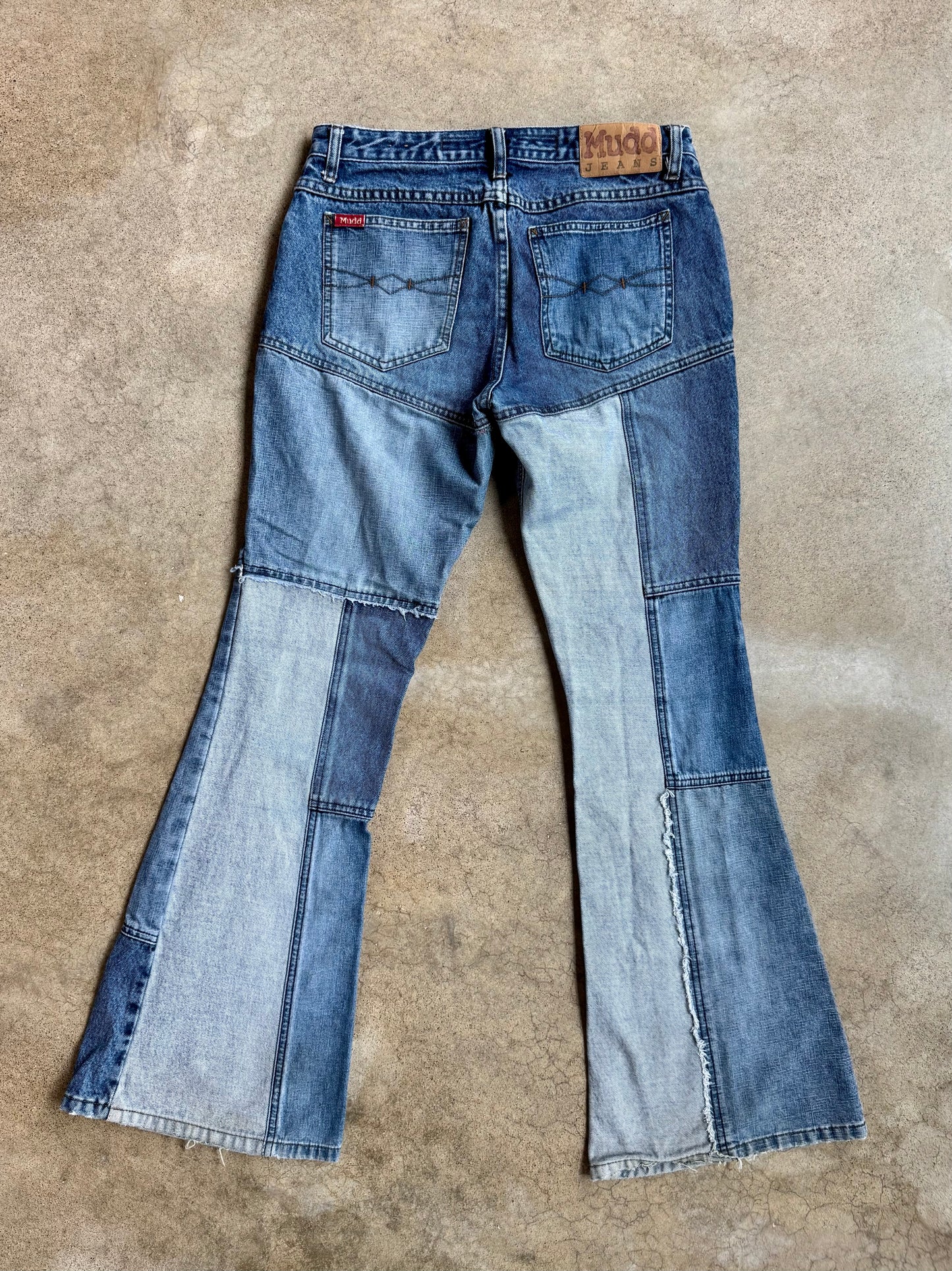 2000s Mudd Denim Patchwork Low-Rise Flare Jeans | S/M