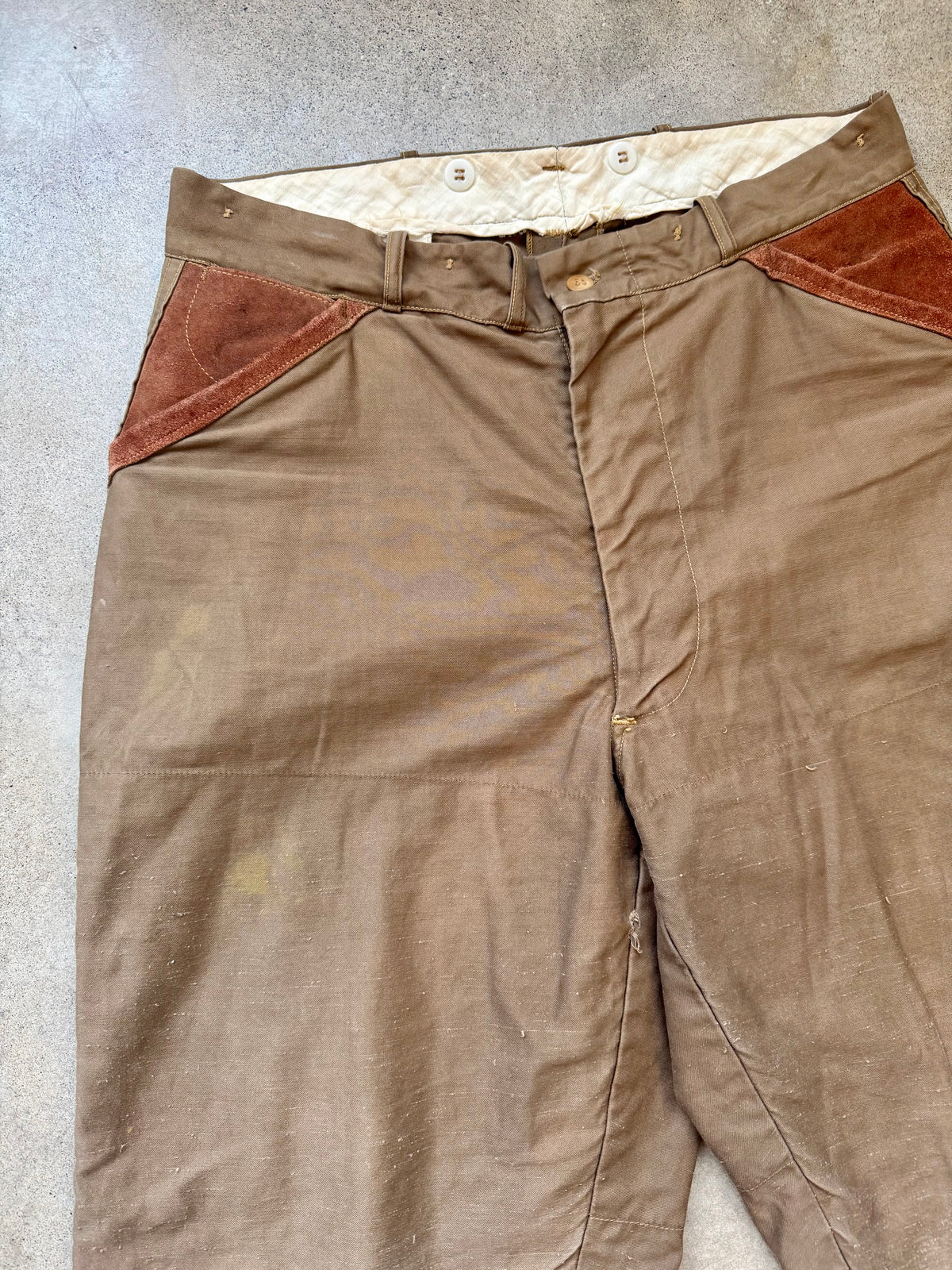 Vintage 1950s American Field Sportswear Brown Cotton Twill & Suede Leather Hunting Pants | Waist 36”
