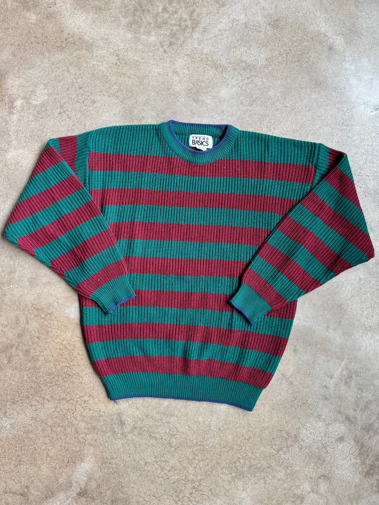 Vintage 1980s Trend Basics Burgundy & Green Striped Crewneck Sweater | XL