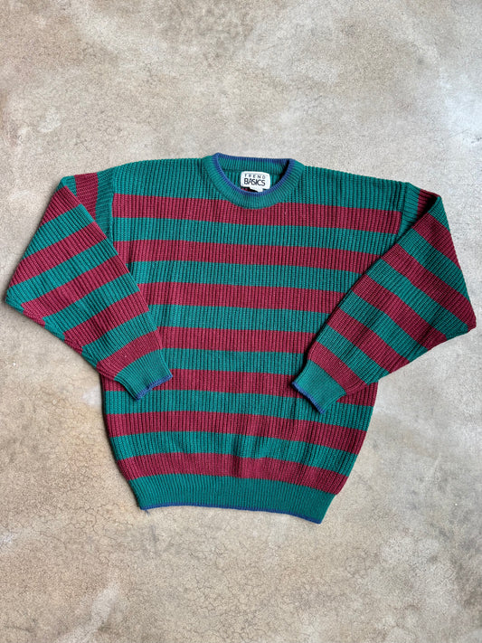 Vintage 1980s Trend Basics Burgundy & Green Striped Crewneck Sweater | XL