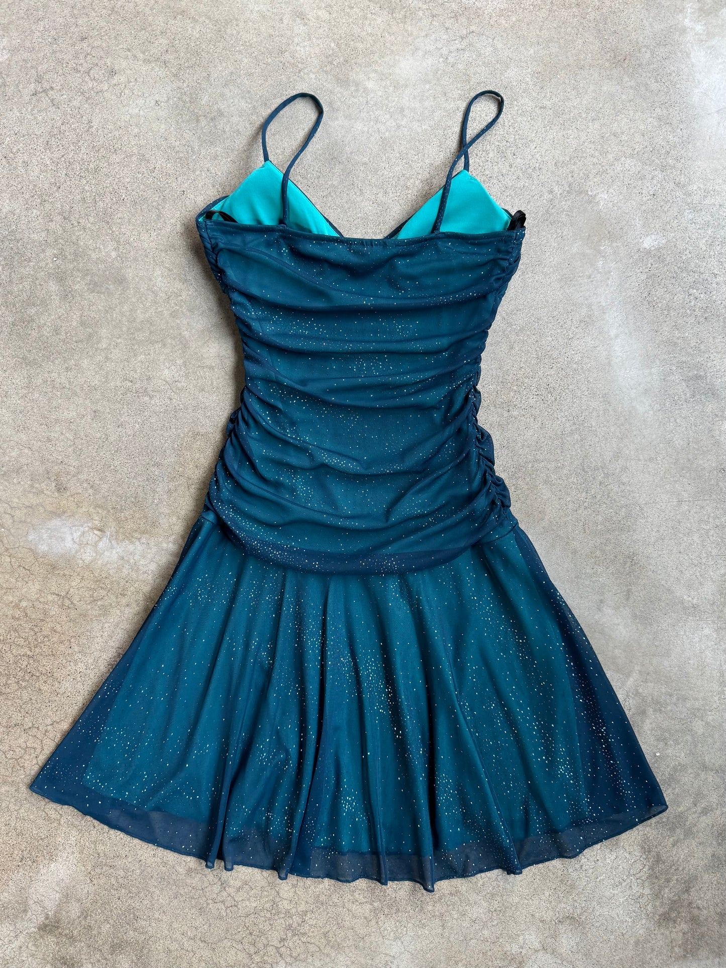2000s City Triangles Sparkly Teal Ruched Mini Party Dress | S/M