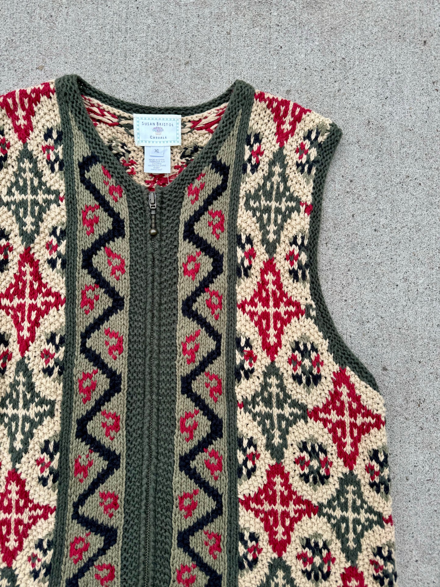 Vintage 1990s Susan Bristol Zip-Up Knit Vest | XL