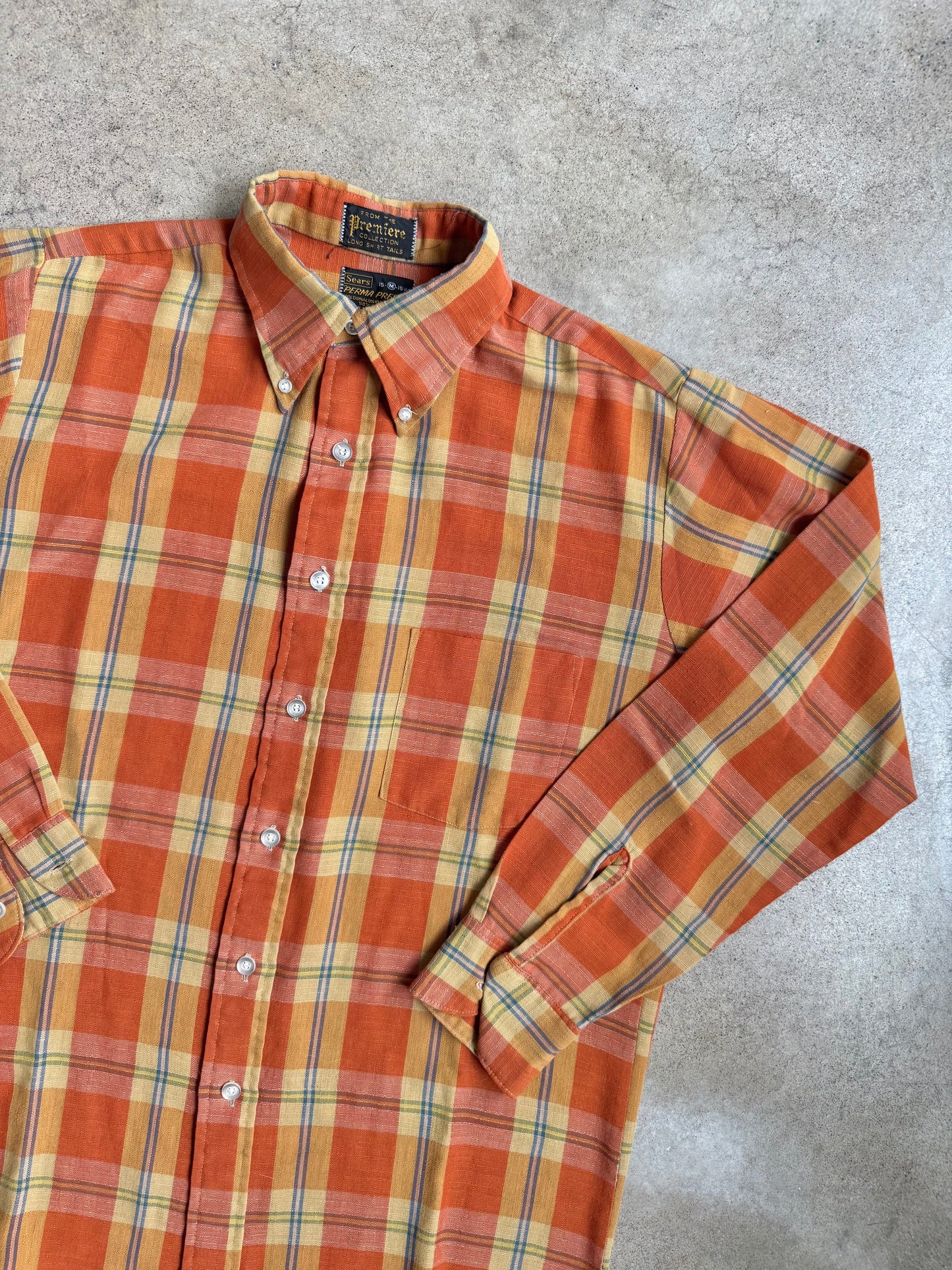 Vintage 1950s Sears Perma-Prest Orange Plaid Button-Down Shirt | Medium