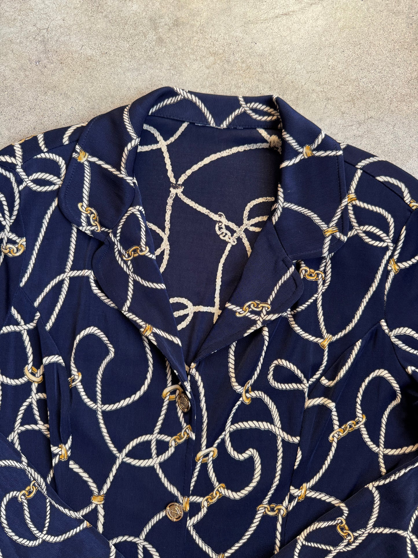 Vintage 1980s Navy Blue Nautical Rope Print Slinky Blouse | Medium