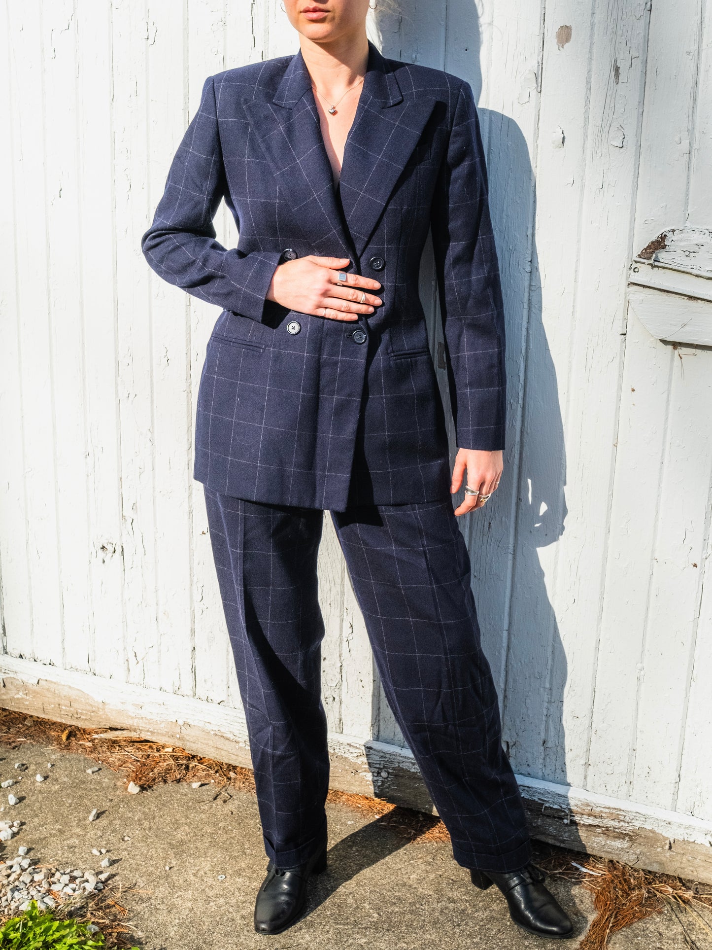 Vintage 1990s Ralph Lauren Navy Check Double-Breasted Two-Piece Wool Suit | Women’s Small