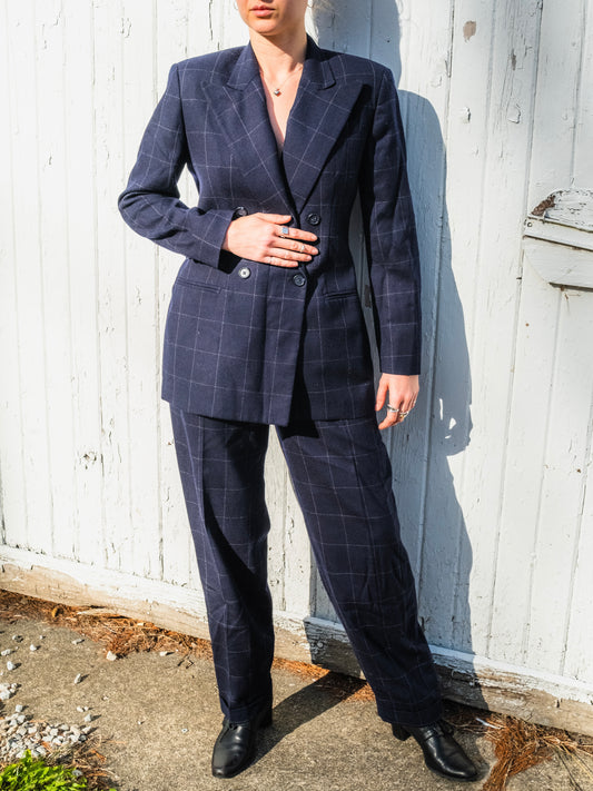 Vintage 1990s Ralph Lauren Navy Check Double-Breasted Two-Piece Wool Suit | Women’s Small