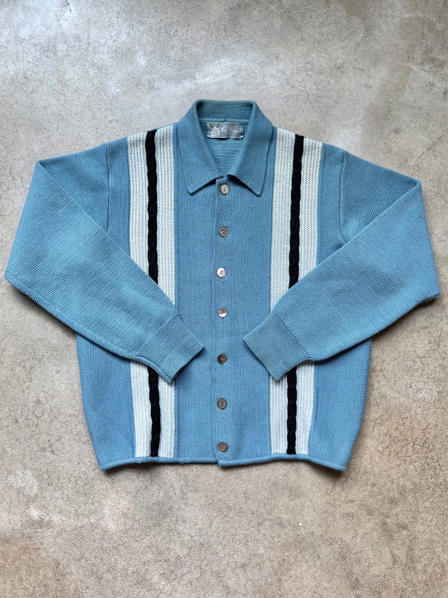 Vintage 1950’s Enzo Puccini Italian Blue Striped Wool Knit Cardigan | Medium