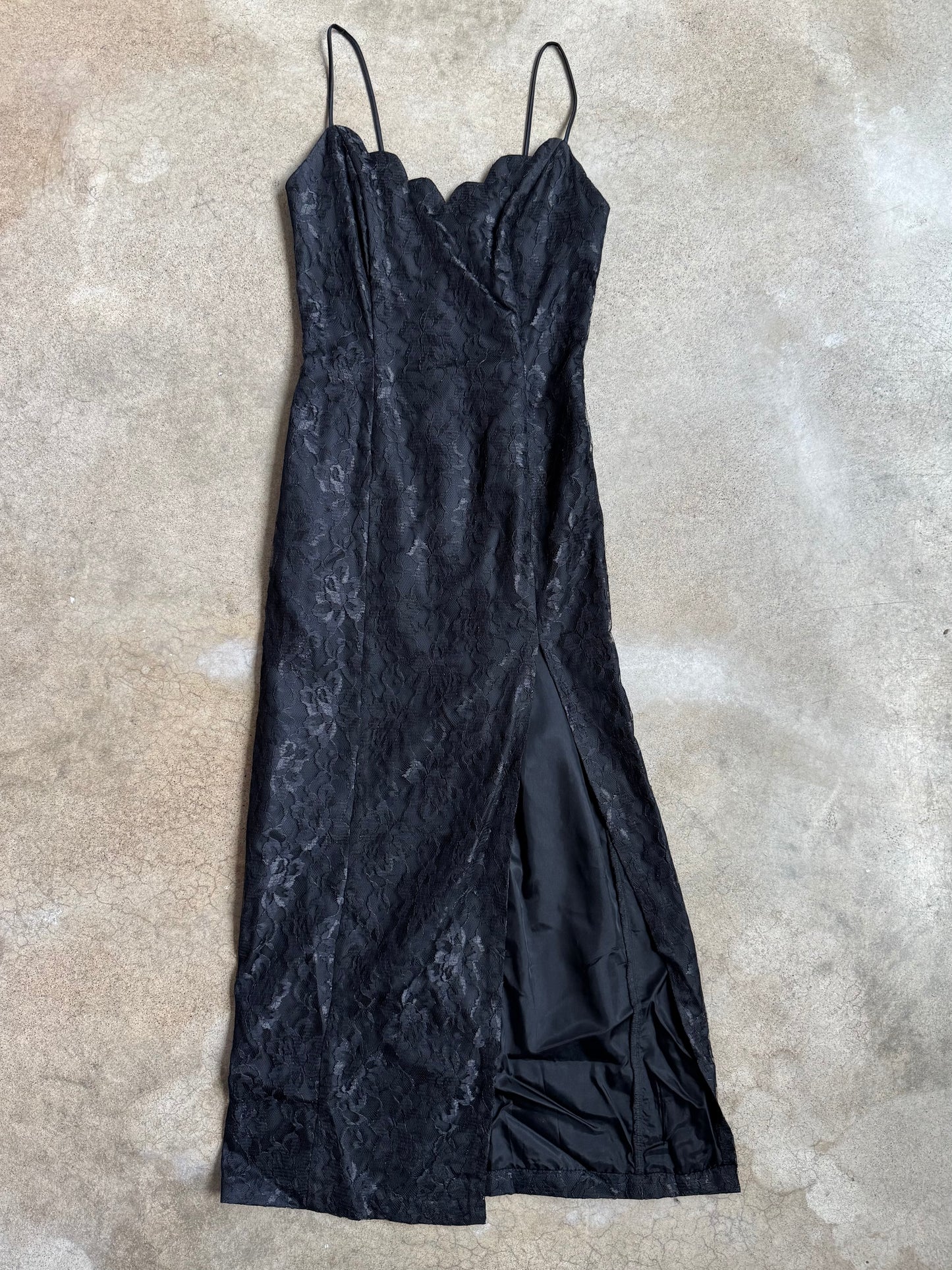 Vintage 1980s L.A. Glo Black Lace High-Slit Formal Dress | XS