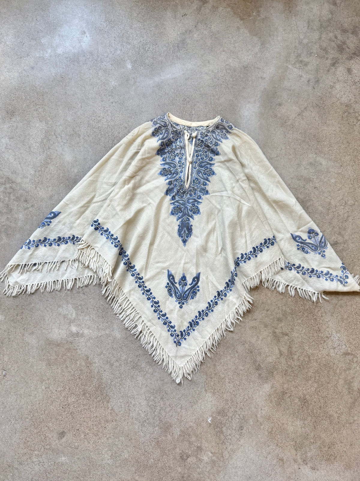 Vintage Cream & Blue Kashmiri Embroidered Wool Fringe Poncho | One Size