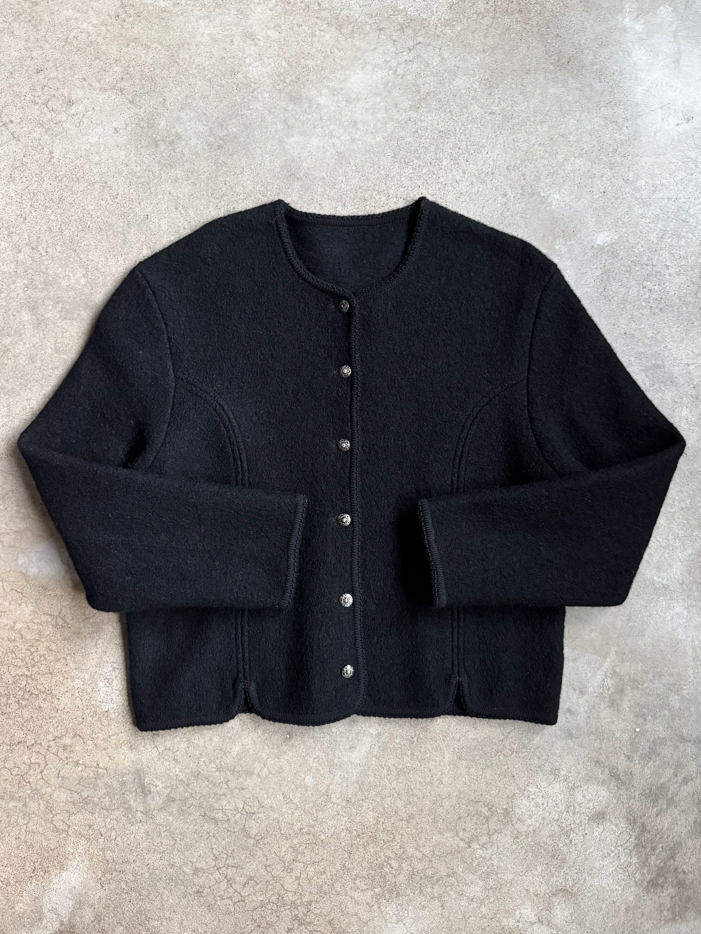 Vintage 1980s Black Wool Buttoned Short Jacket | Large
