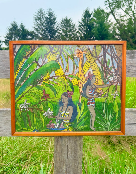Vintage 1950s Framed & Signed Tropical Jungle Scene Oil Painting