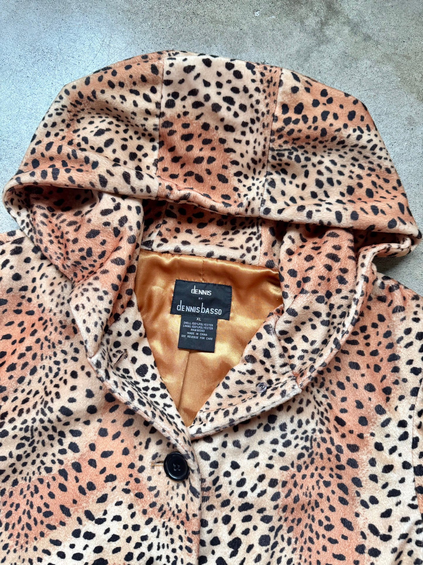 Vintage Dennis Basso Leopard Print Faux Fur Hooded Jacket | XL