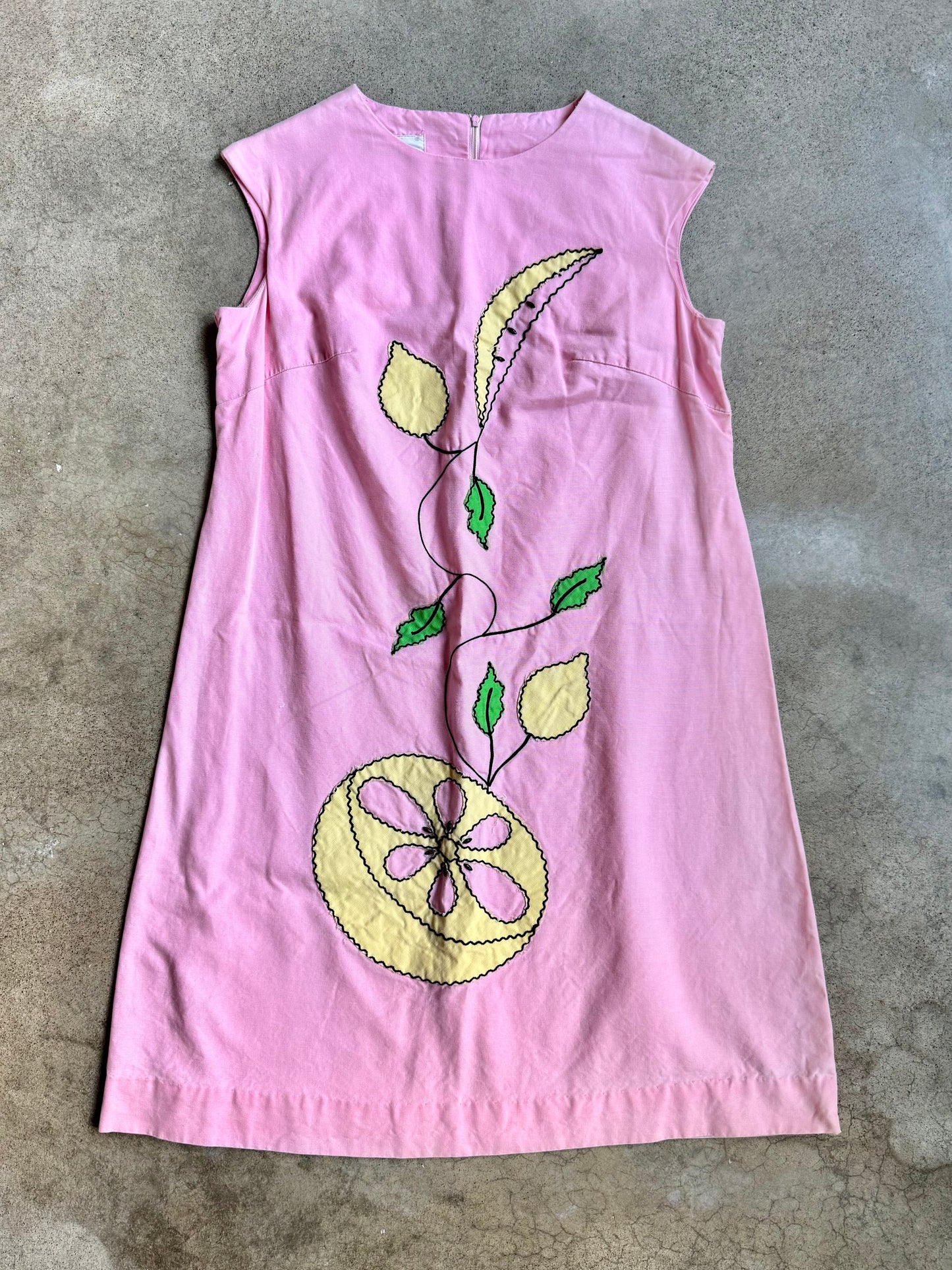 Vintage 1960s Phil Jacobs Pink Fruit Embroidered Shift Dress | Medium