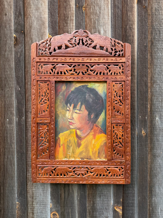 Vintage 1940s Carved Teakwood Elephant Frame "Village Girl" Oil on Canvas Painting