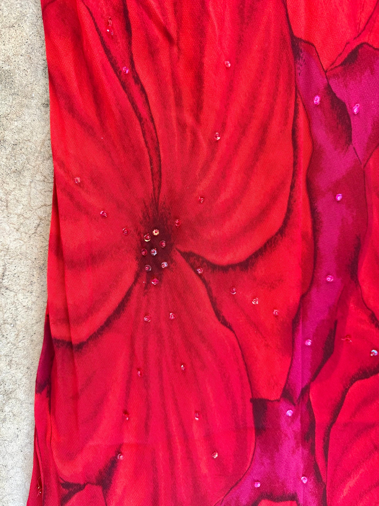 Vintage 1990s Red & Pink Floral Sequined Silk Short Sleeve Maxi Dress | Large