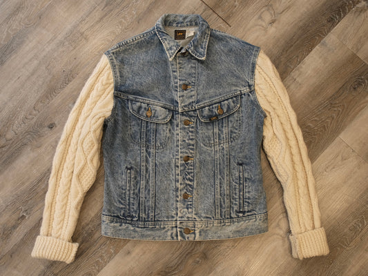 Vintage 1980s Lee Cable Knit Sleeve Denim Jacket | M/L