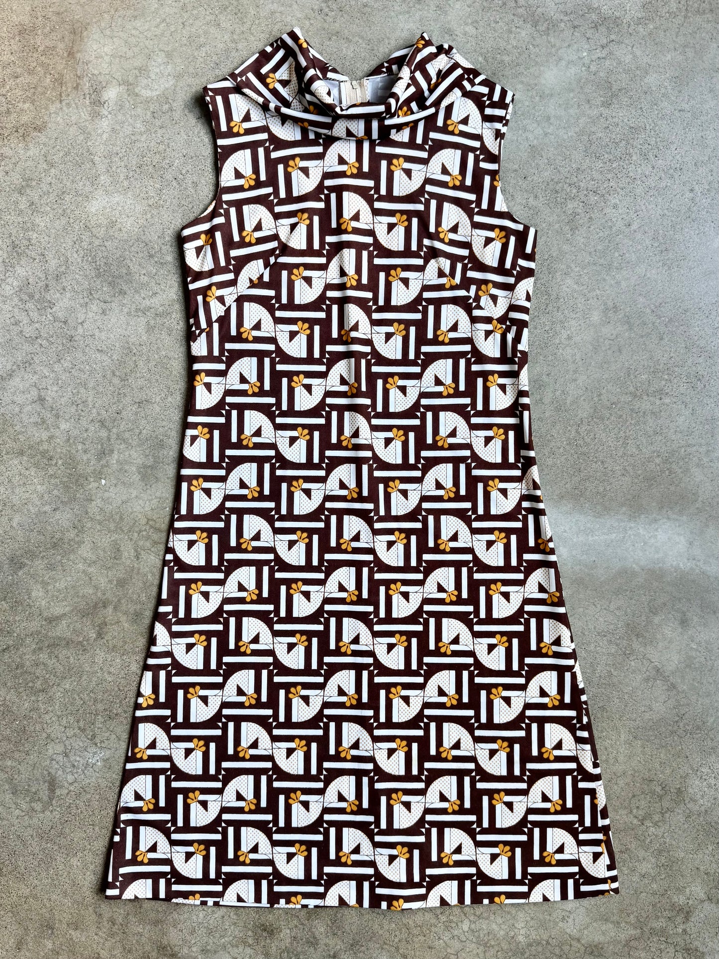 Vintage 1960s Handmade Brown & Yellow Geometric Floral Mod Dress | S/M