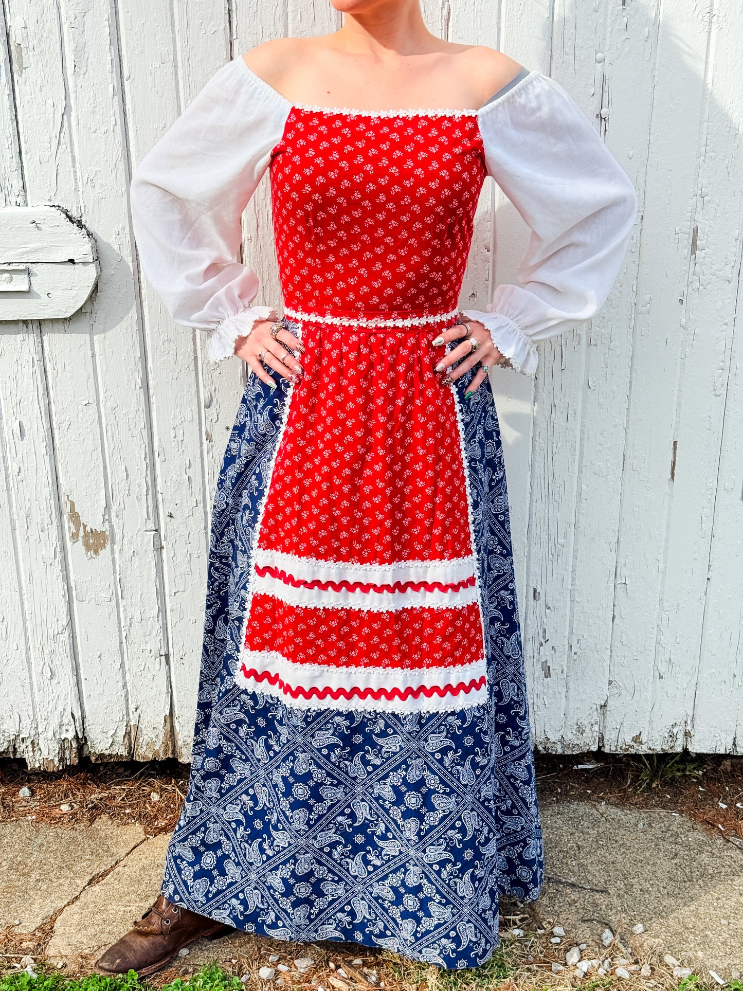 Vintage 1970s Herman Marcus Red & Blue Bandana Floral Prairie Dress | Small
