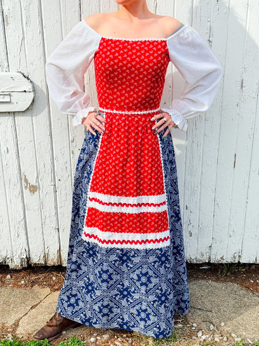 Vintage 1970s Herman Marcus Red & Blue Bandana Floral Prairie Dress | Small