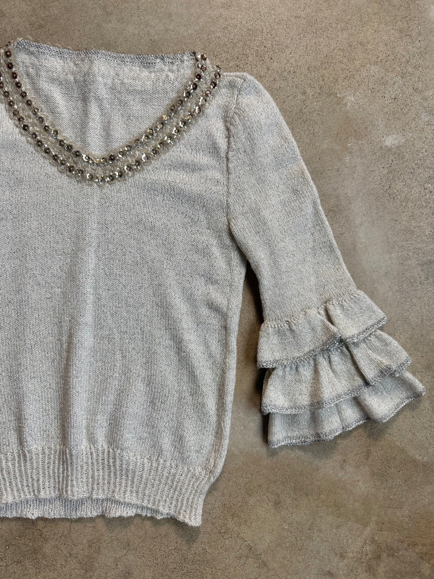 Vintage 1960s Silver Metallic Knit Ruffled Bell Sleeve Sweater | XS