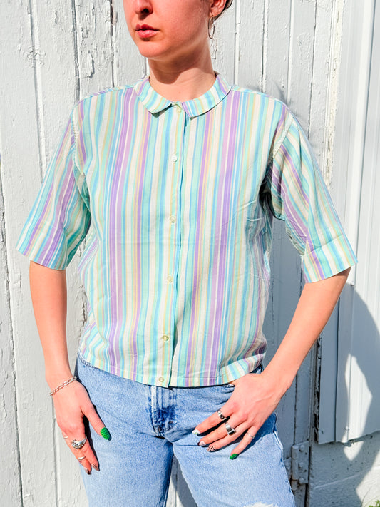 Vintage 1950s Broadcloth Cool-Tone Striped Short Sleeve Shirt | 34